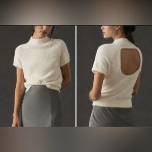 Anthropologie Maeve Sweater Top Medium Mock Neck Open Back Short Sleeve Ivory